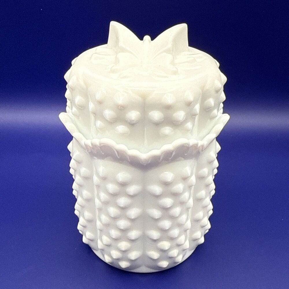 Vintage Fenton Hobnail Milk Glass Butterfly Candy Dish w/ Lid Scalloped Edge @6”